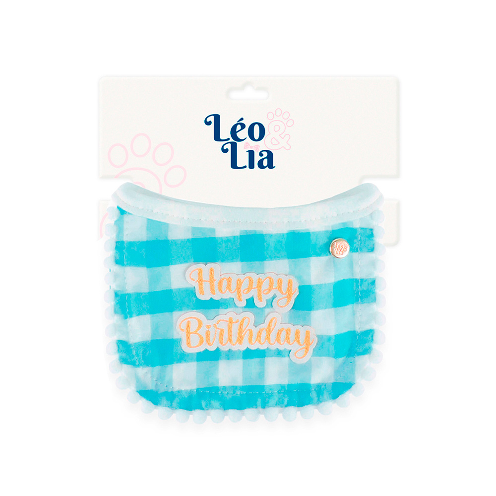 Babador Leo e Lia Happy Birthday Xadrez Azul para Cães e Gatos