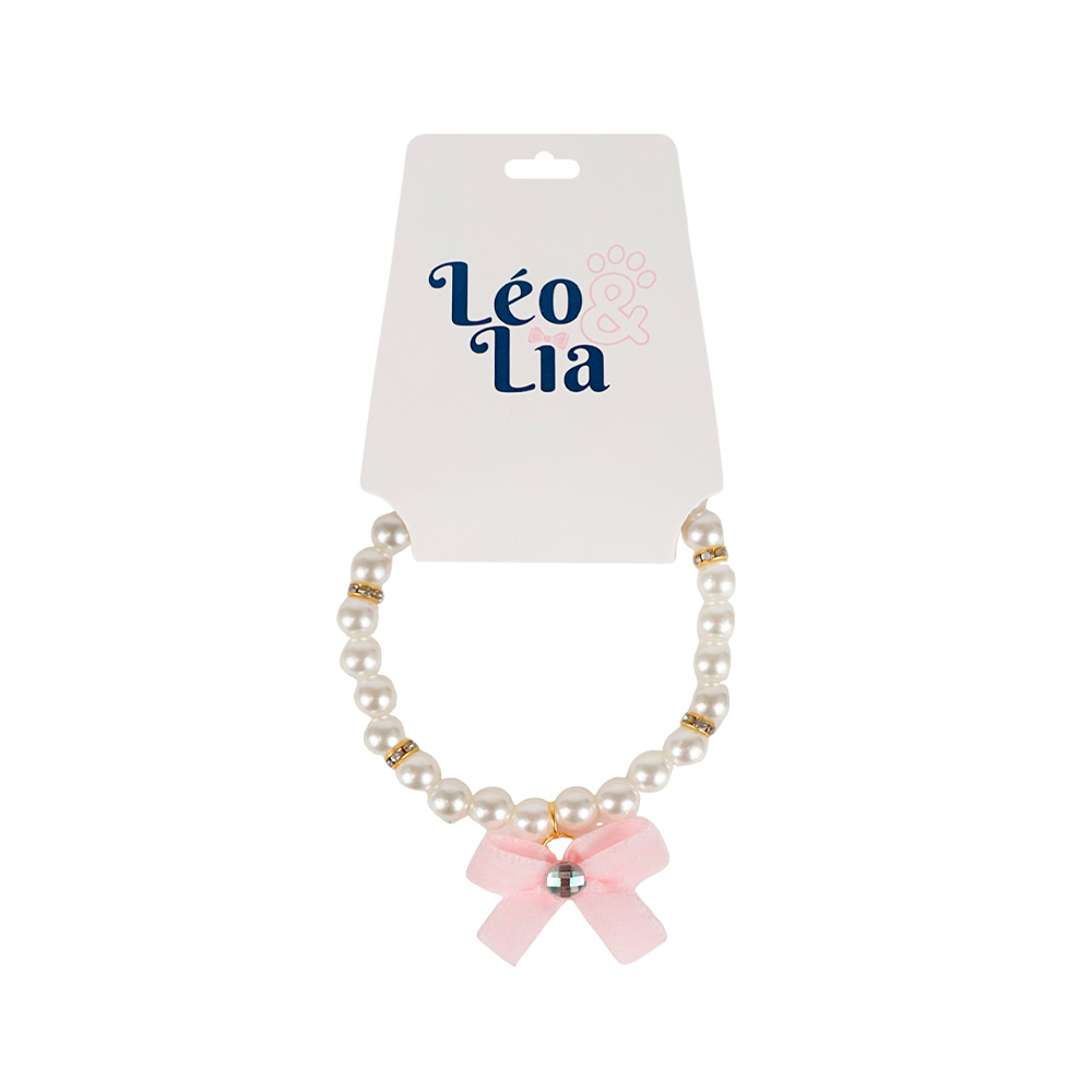 Colar Leo e Lia com Laço Cor Rosa Bebe para Cães e Gatos