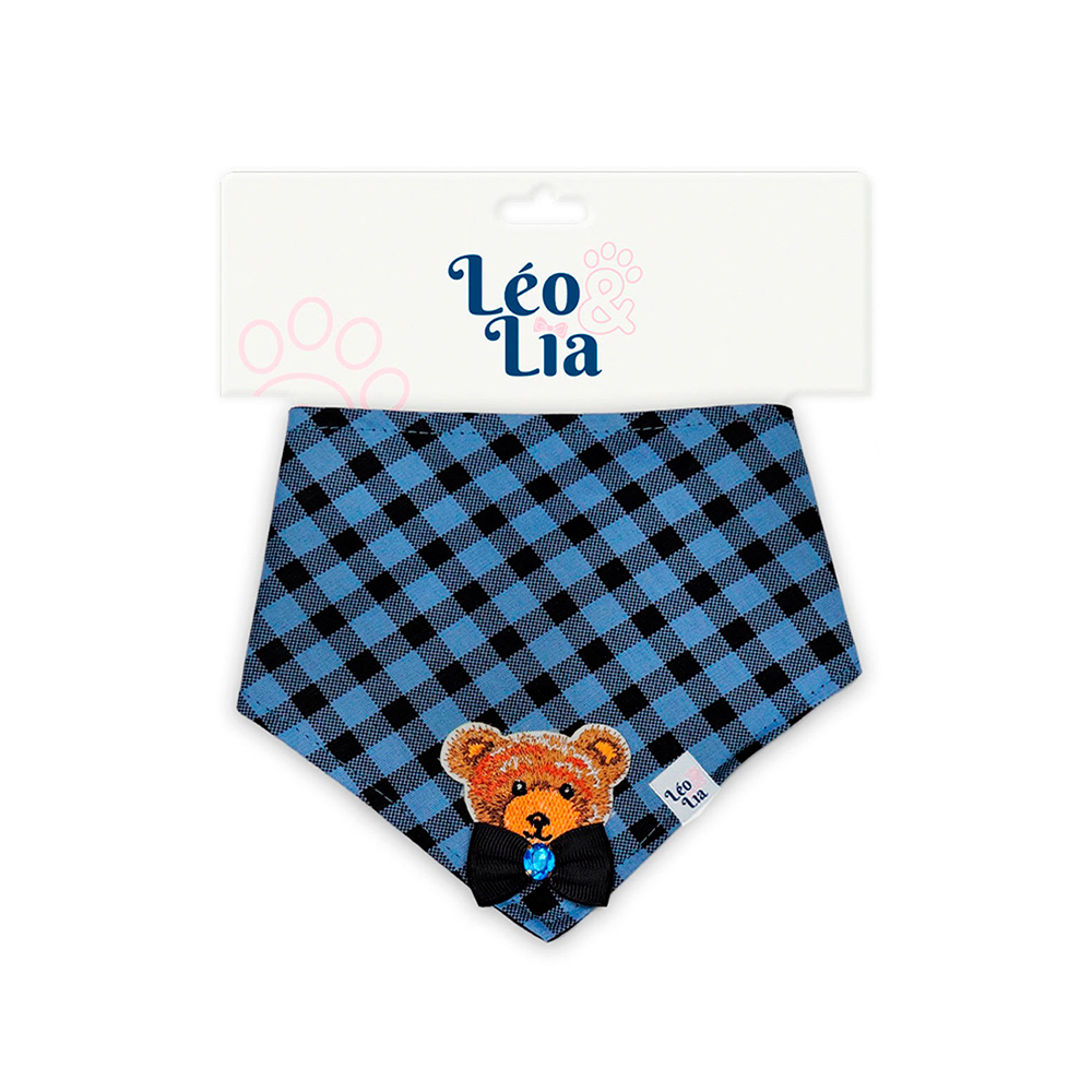 Bandana Leo e Lia Bordado Xadrez Azul para Cães e Gatos