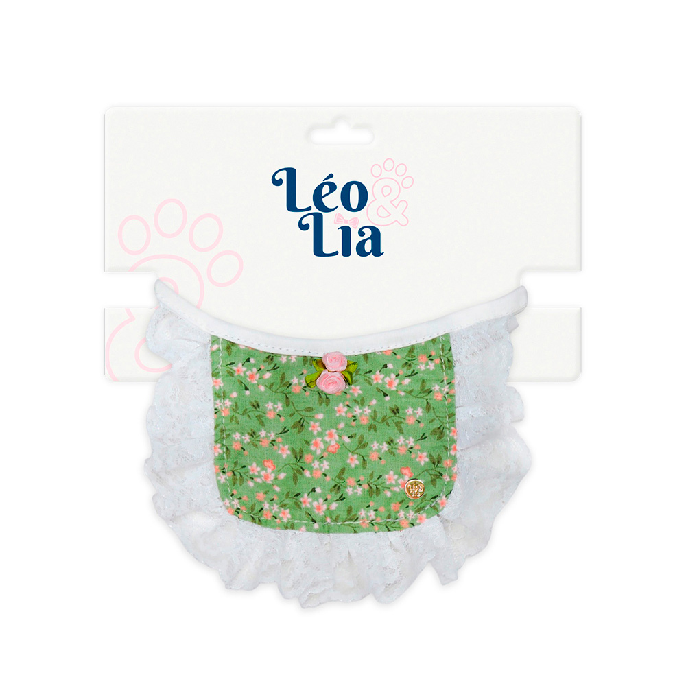 Babador Leo e Lia Verde Com Renda Floral para Cães e Gatos