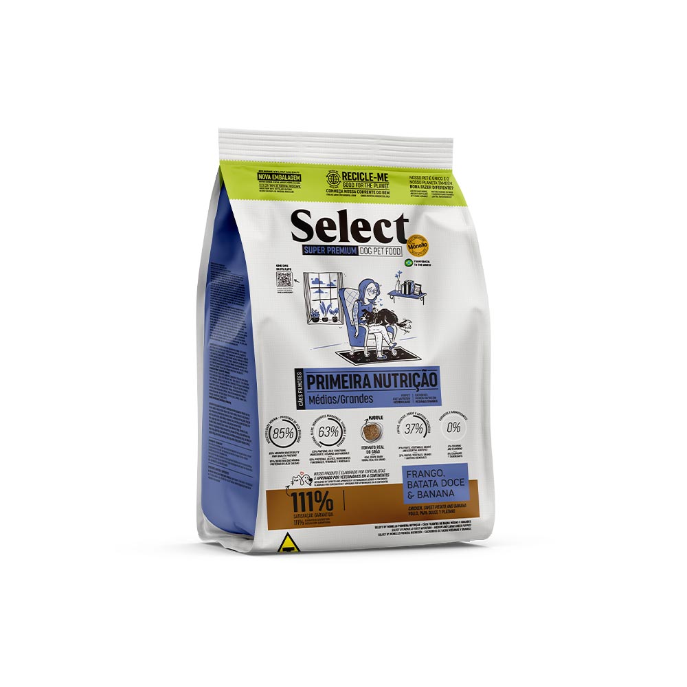 Ração Select by Monello Primeira Nutrição para Cães Filhotes de Porte Médio e Grande Sabor Frango, Batata Doce e Banana