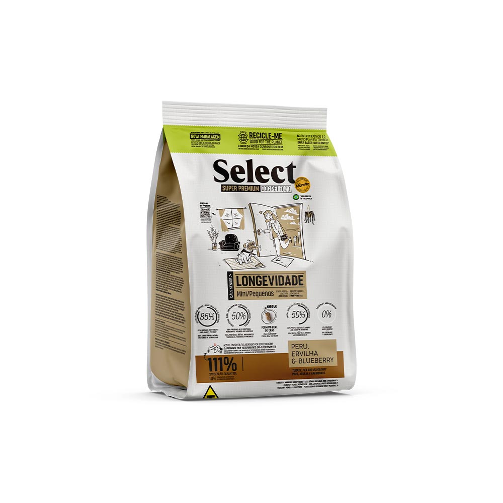 Ração Select by Monello Longevidade para Cães Senior 7+ de Porte Mini e Pequeno Sabor Peru, Ervilha e Blueberry