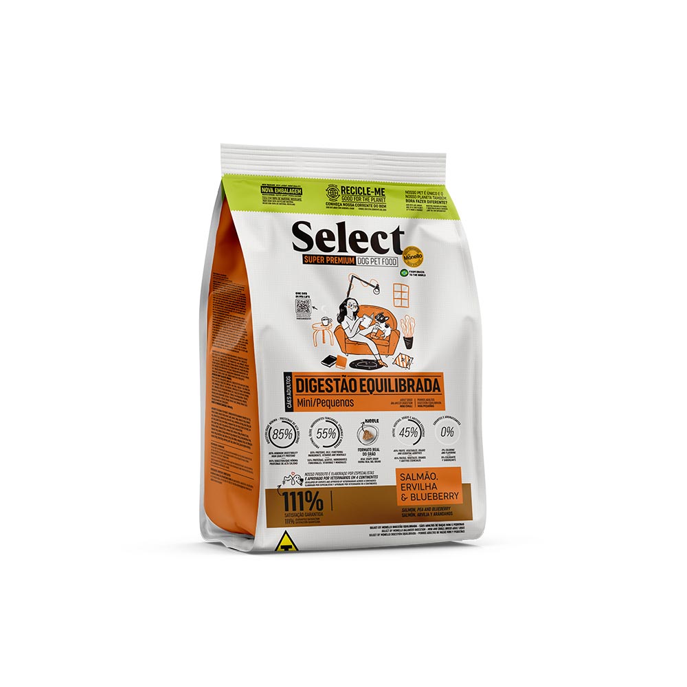 Ração Select by Monello Digestão Equilibrada para Cães Adultos de Porte Mini e Pequeno Sabor Salmão, Ervilha e Blueberry