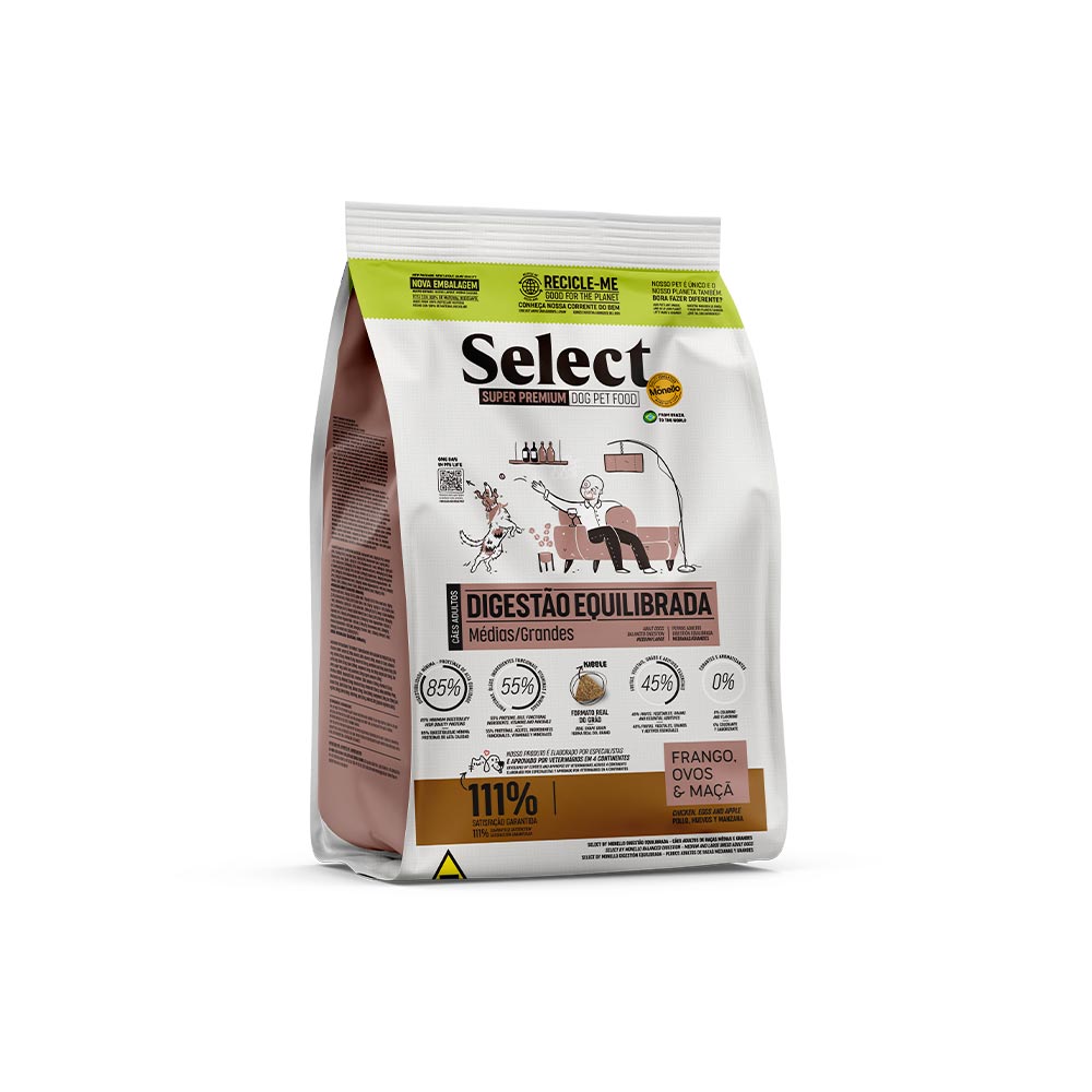 Ração Select by Monello Digestão Equilibrada para Cães Adultos de Porte Médio e Grande Sabor Frango, Ovos e Maçã