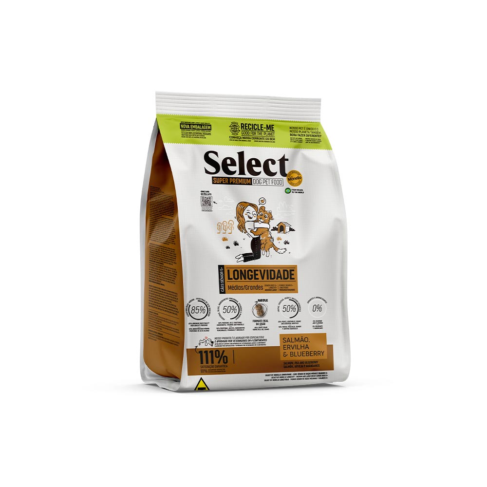 Ração Select by Monello Longevidade para Cães Senior 5+ de Porte Médio e Grande Sabor Salmão, Ervilha e Blueberry