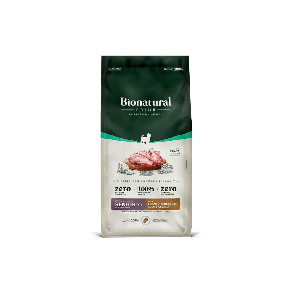 Ração Bionatural Prime para Cães Sênior 7+ de Raças Pequenas Sabor Frango, Blueberry, Coco e Cevada
