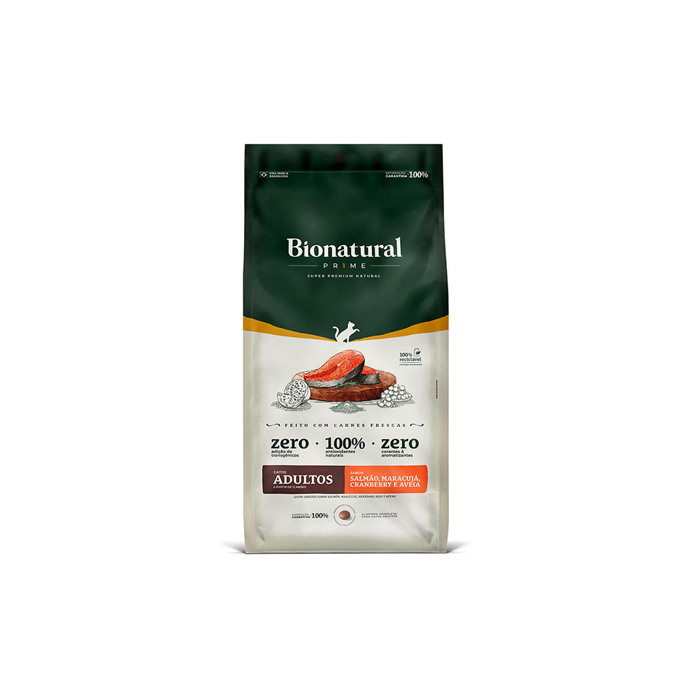 Ração Bionatural Prime para Gatos Adultos Sabor Salmão, Maracujá, Cranberry e Aveia