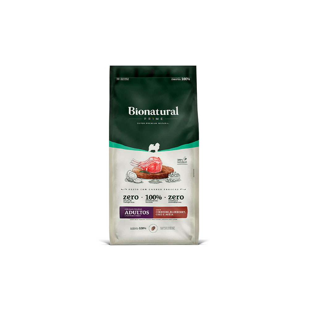 Ração Bionatural Prime para Cães Adultos de Raças Pequenas Sabor Cordeiro, Blueberry, Coco e Aveia