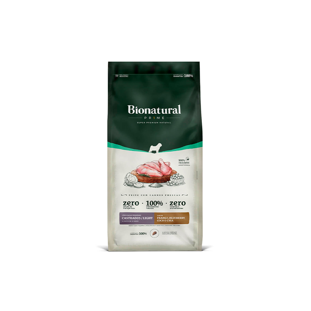 Ração Bionatural Prime para Cães Cadastrados de Raças Pequenas Sabor Frango, Blueberry, Coco e Chia