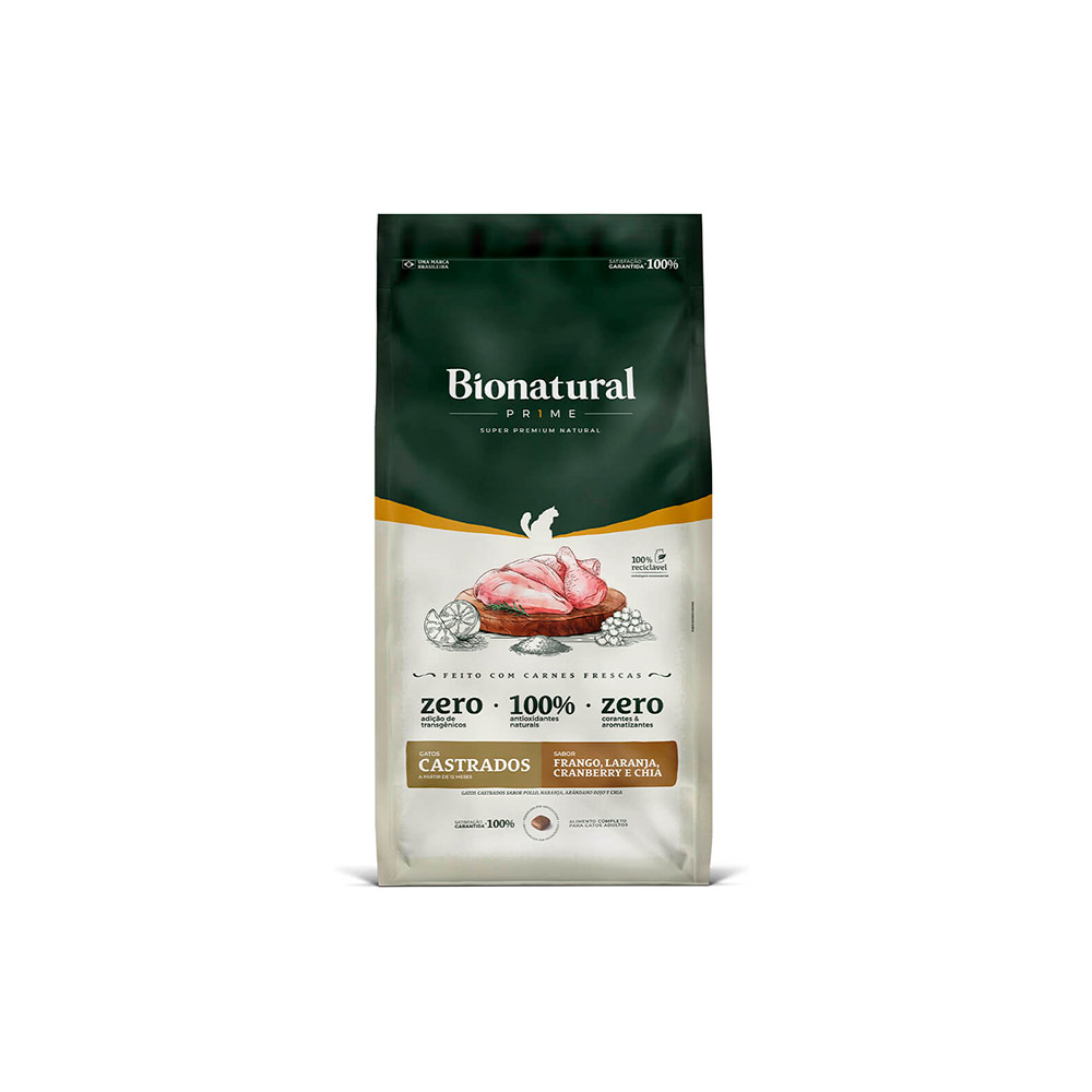 Ração Bionatural Prime para Gatos Castrados Sabor Frango, Laranja, Cranberry e Chia