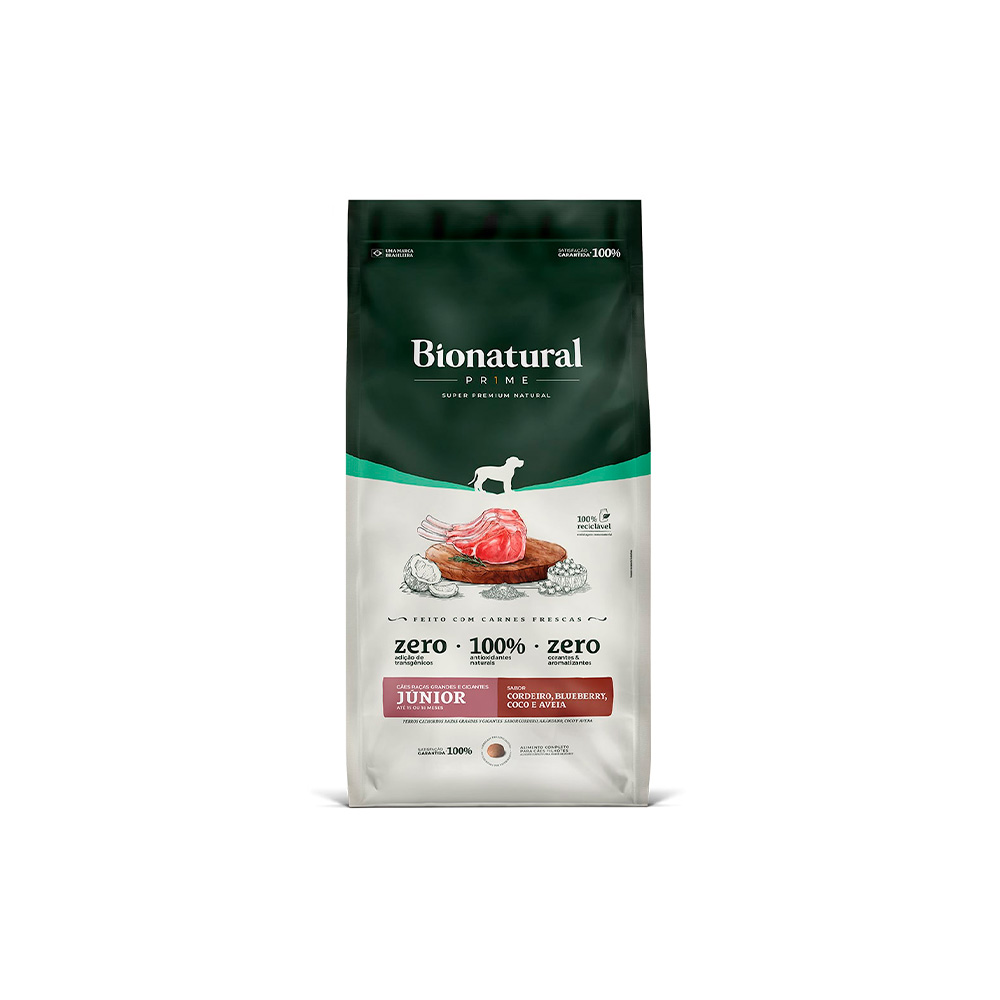 Ração Bionatural Prime para Cães Filhotes de Raças Grandes e Gigantes Sabor Cordeiro, Blueberry, Coco e Aveia