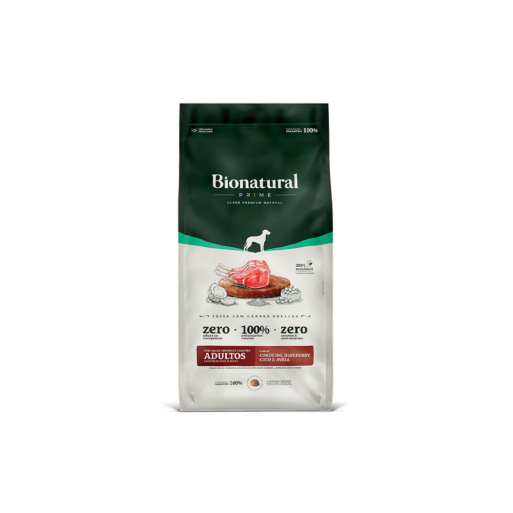 Ração Bionatural Prime para Cães Adultos de Raças Grandes e Gigantes Sabor Cordeiro, Blueberry, Coco e Aveia