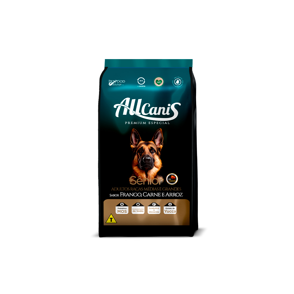 Ração Allcanis para Cães Sênior de Raças Médias e Grandes Sabor Frango, Carne e Arroz