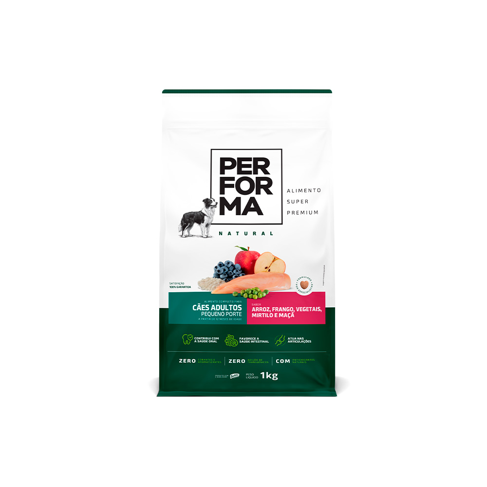 Ração Performa Natural para Cães Adultos de Pequeno Porte Sabor Arroz, Frango, Vegetais, Mirtilo e Maçã