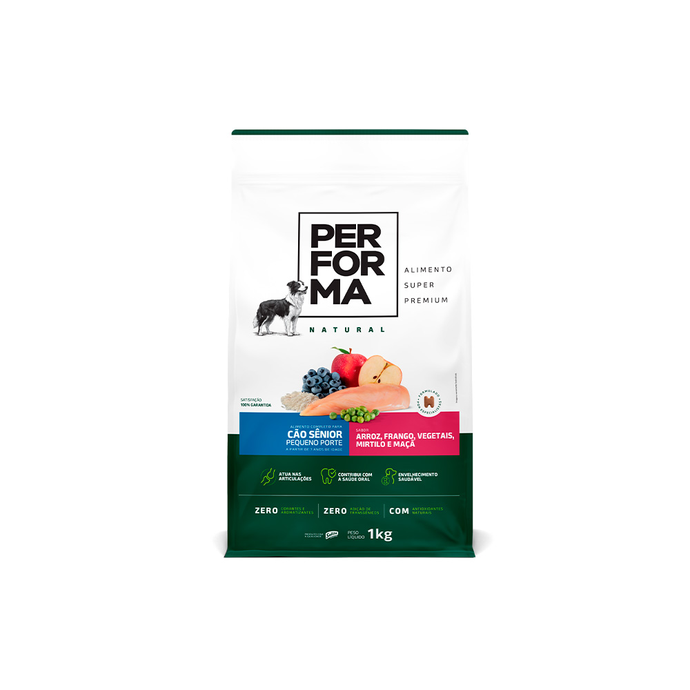 Ração Performa Natural para Cães Sênior Pequeno Porte Sabor Arroz, Frango, Vegetais, Mirtilo e Maçã