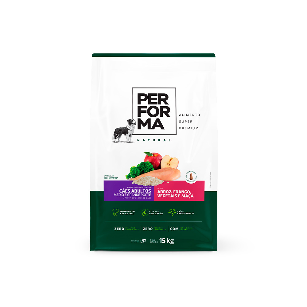Ração Performa Natural para Cães Adultos de Médio e Grande Porte Sabor Arroz, Frango, Vegetais e Maçã