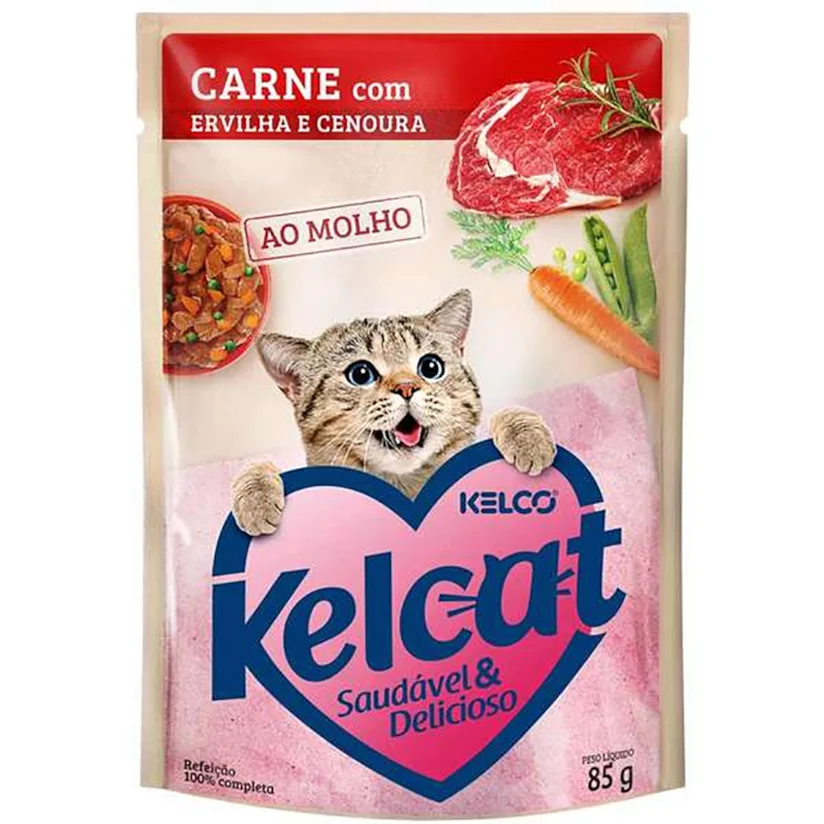 Ração Úmida Kelcat Sachê Carne, Ervilha e Cenoura 85g