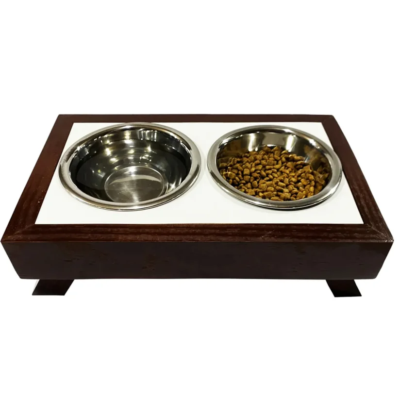 Comedouro Duplo Doha Elevado de Madeira Com Potes Inox Luppet 650ml