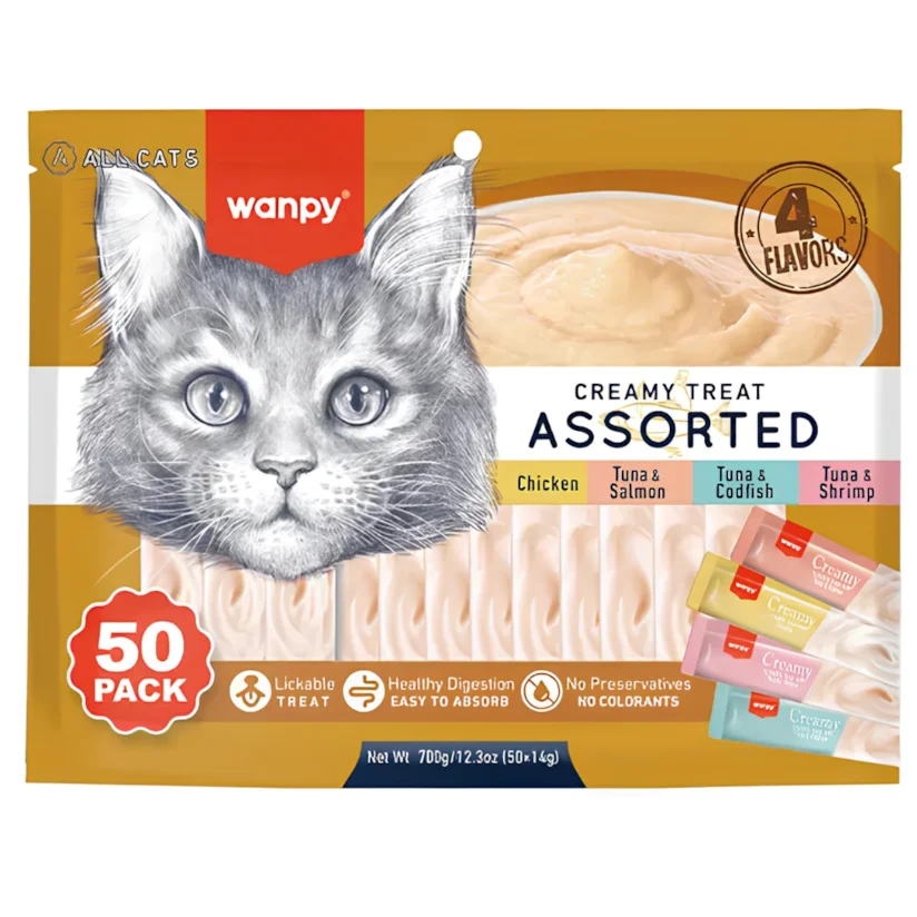 Petisco para gatos Wanpy Creamy sabores sortidos com 50 tubos de 14g
