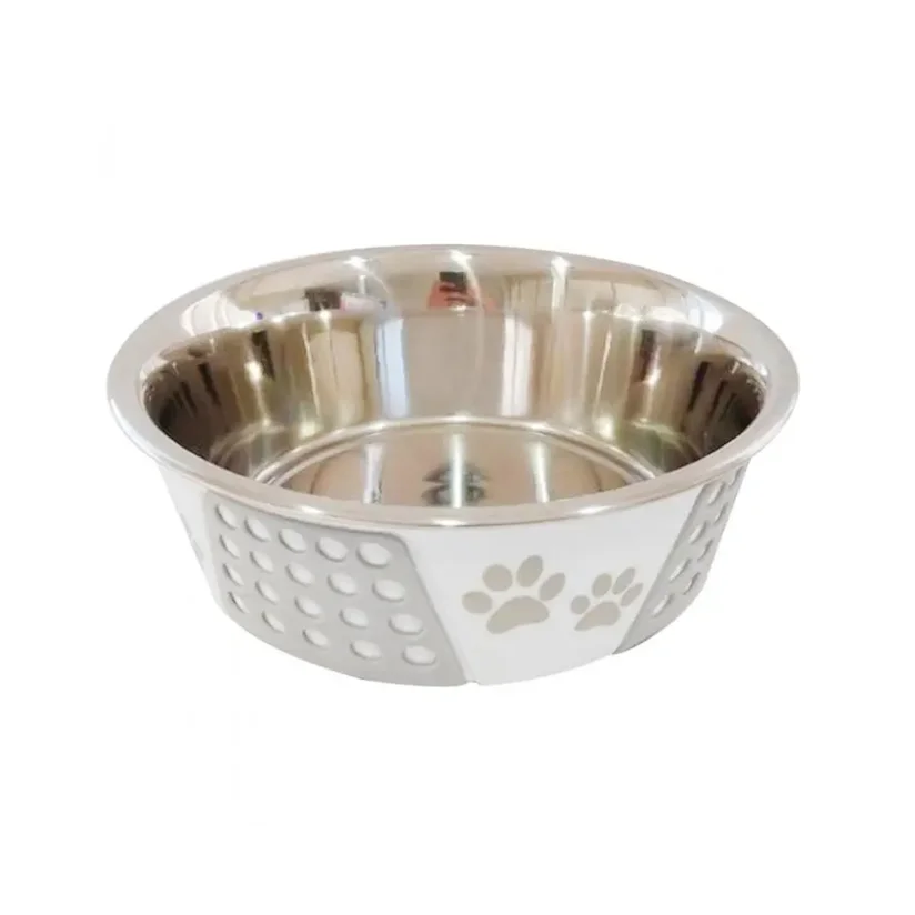 Comedouro Cães The Pets Inox Decorado Pata Bolinha Cinza 1400ml