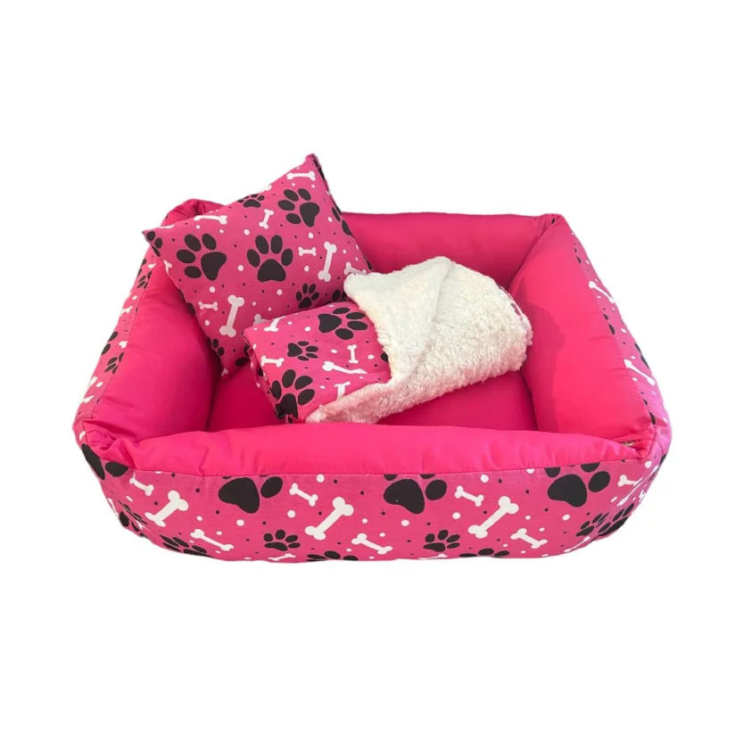 Kit Cama Manta Travesseiro CamaPet para Cães e Gatos Ossinho Pink P