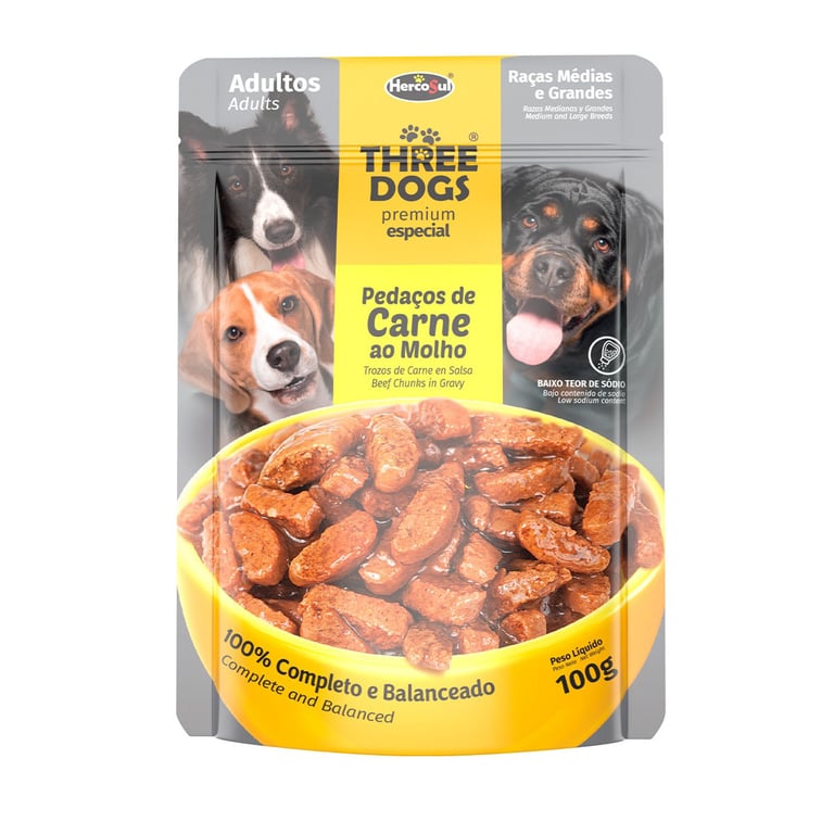 Ração Úmida Three Dogs Original Adultos Raças Médias e grande Sachê 100g
