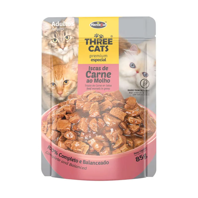 Ração Úmida Three Cats Original Adultos Carne Sachê 85g