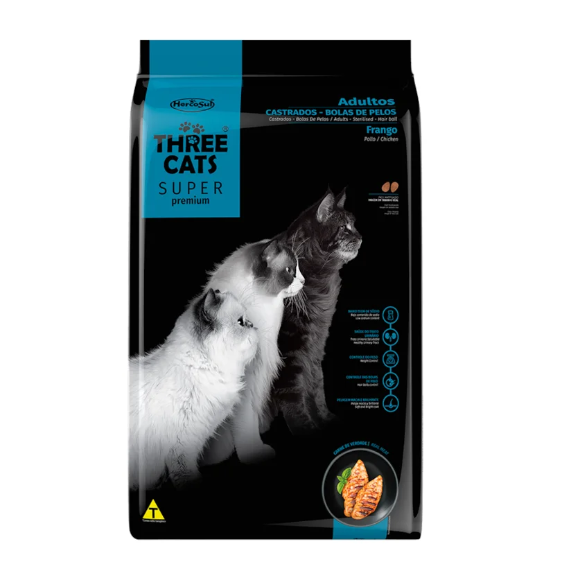 Ração Gatos Three Cats Super Bola Pelo Castrados Frango 500g
