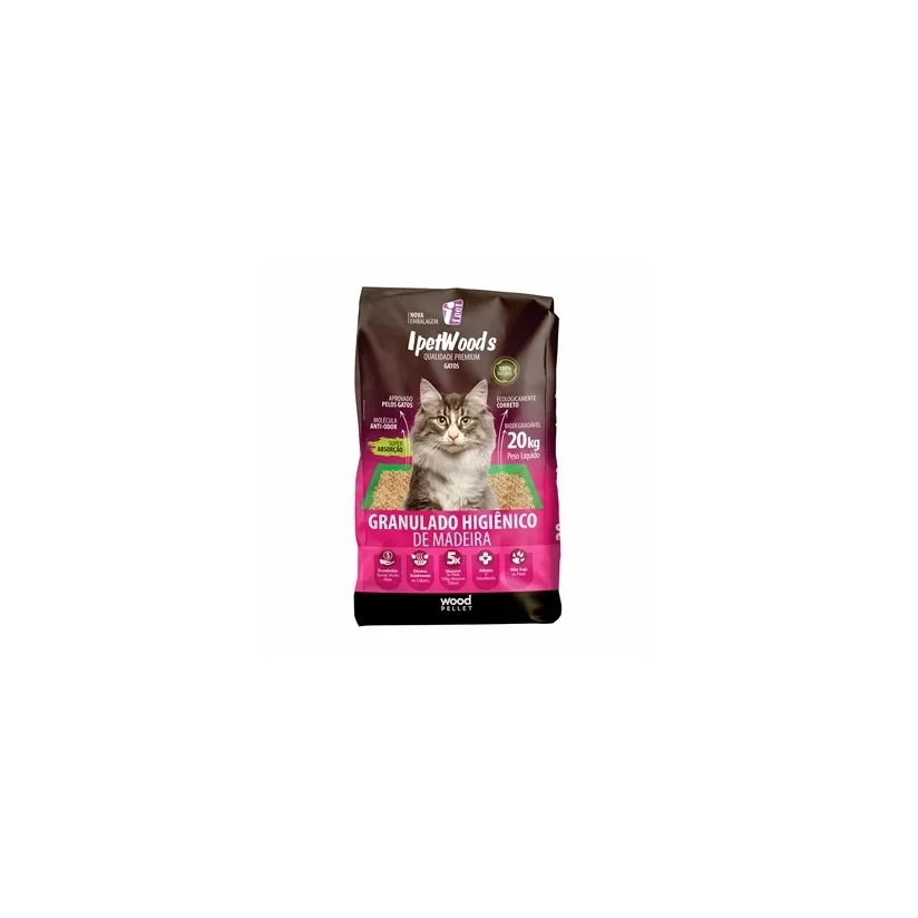 Granulado Higiênico De Madeira Ipet Wood S Gatos 20kg