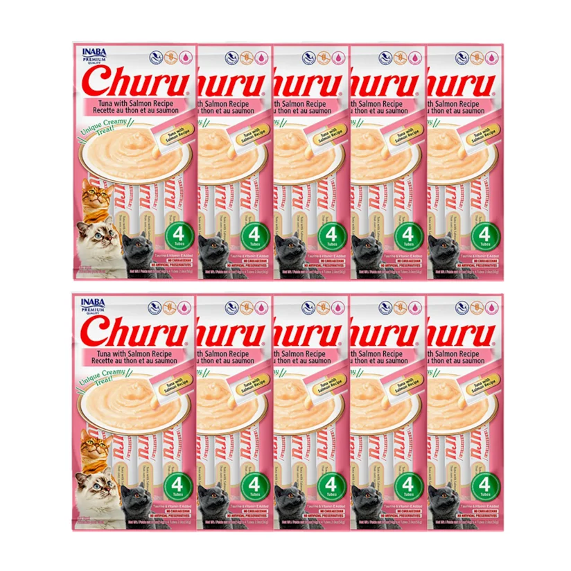 Purê Churu Petisco Cremoso para Gatos Atum com Salmão 56g Kit 10 Unidades