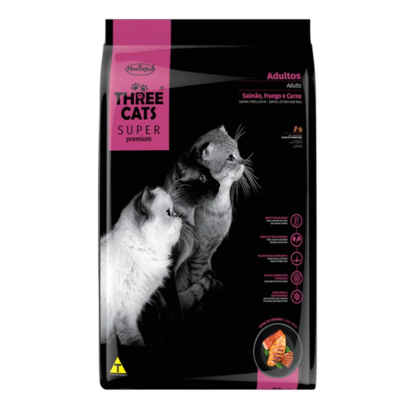 Ração Gatos Three Cats Super Adultos Salmão e Frango 3kg