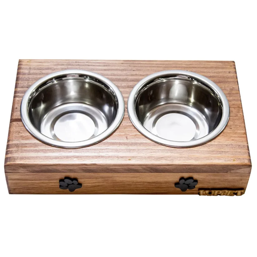 Comedouro Duplo Para Cães e Gatos Patinhas Madeira Com Potes Inox Luppet Marrom