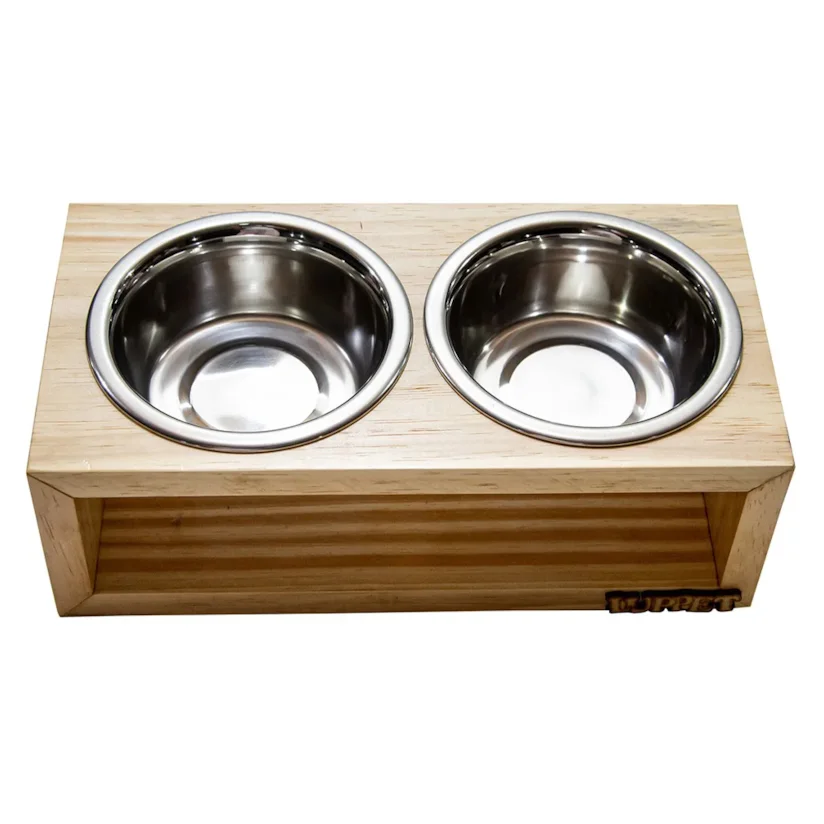 Comedouro Duplo Para Cães e Gatos Madeira Com Potes Inox Luppet Natural