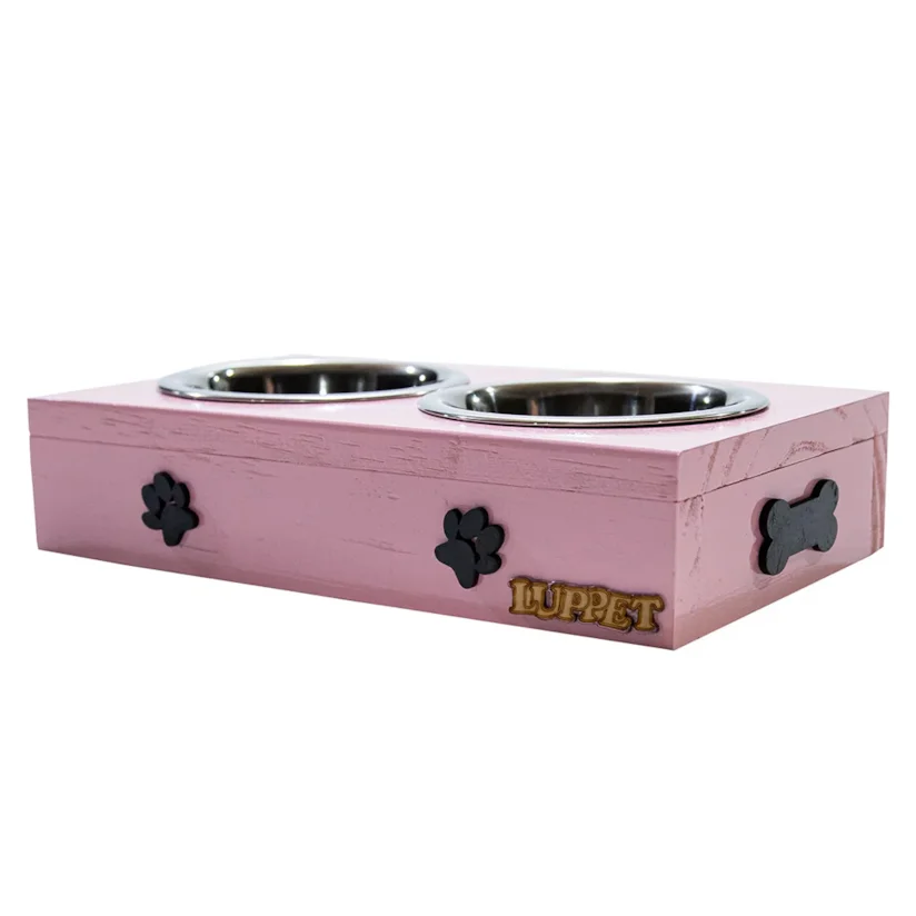 Comedouro Duplo Para Cães e Gatos Patinhas Madeira Com Potes Inox Luppet Rosa