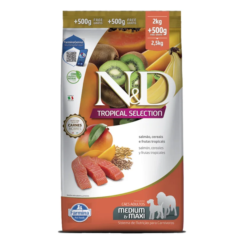Ração ND Tropical Selection Para Cães Adultos Medium e Maxi Salmão Leve 2,5 e Pague 2kg