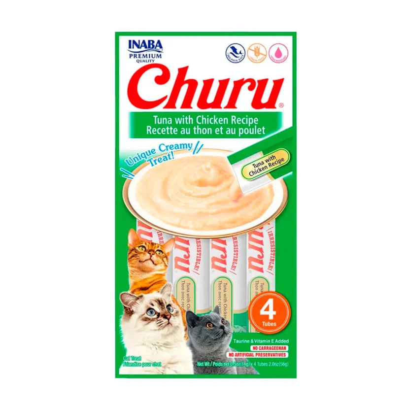 Purê Churu Petisco Cremoso para Gatos Atum e Galinha 56g Kit 3 Unidades