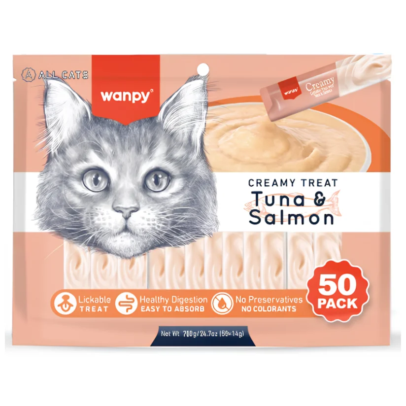 Petisco para gatos Wanpy Creamy sabor Atum e Salmão com 50 tubos de 14g
