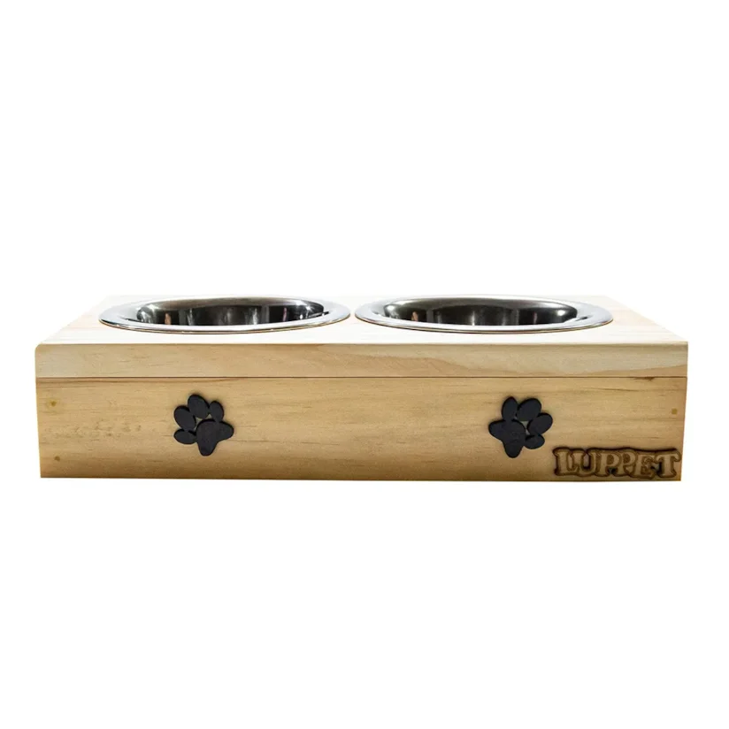Comedouro Duplo Para Cães e Gatos Patinhas Madeira Com Potes Inox Luppet Natural