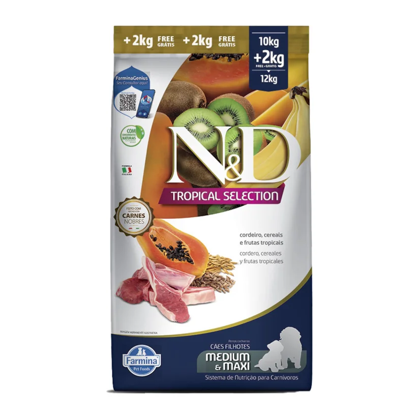 Ração ND Tropical Selection Para Cães Puppy Medium e Maxi Cordeiro Leve 12kg e Pague 10kg