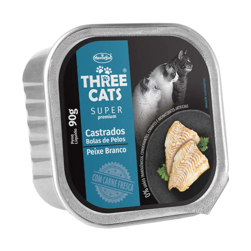 Ração Úmida Three Cats Special Cadastrados Bola de Pelos Patê 90g