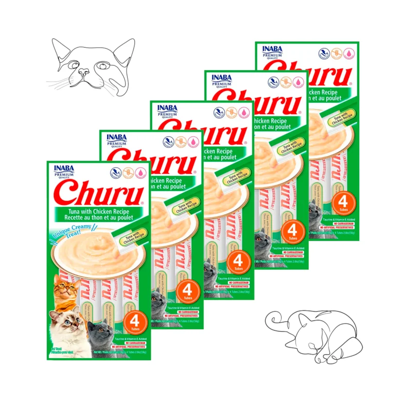Purê Churu Petisco Cremoso para Gatos Atum e Galinha 56g Kit 5 Unidades
