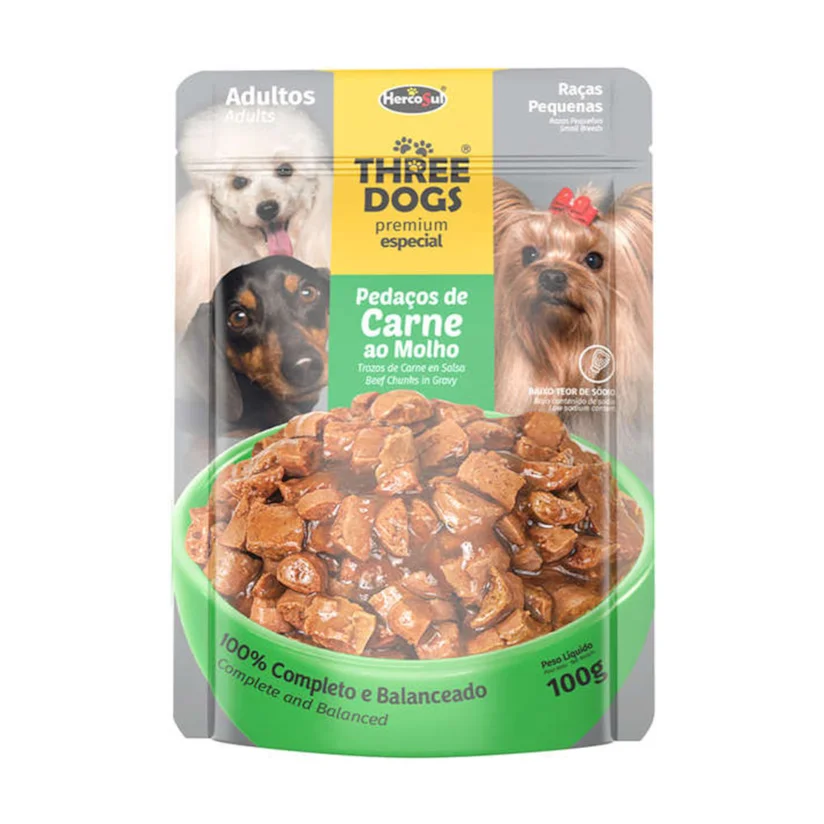 Ração Úmida Three Dogs Original Adultos Raças Pequenas e Mini Sachê 100g