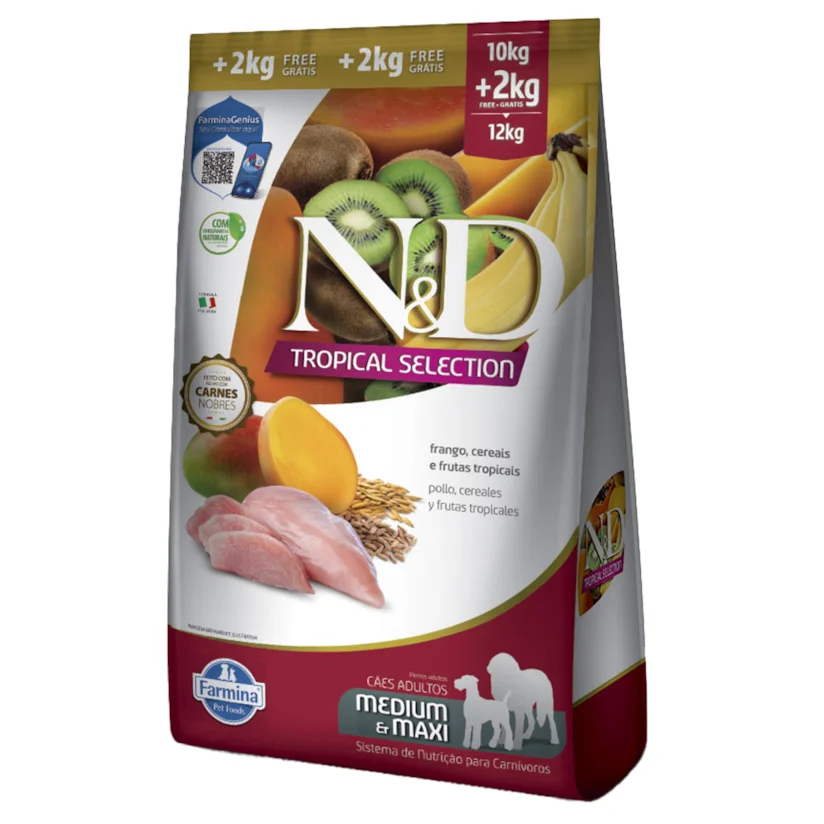 Ração ND Tropical Selection Para Cães Adultos Medium e Maxi Frango Leve 12kg e Pague 10kg