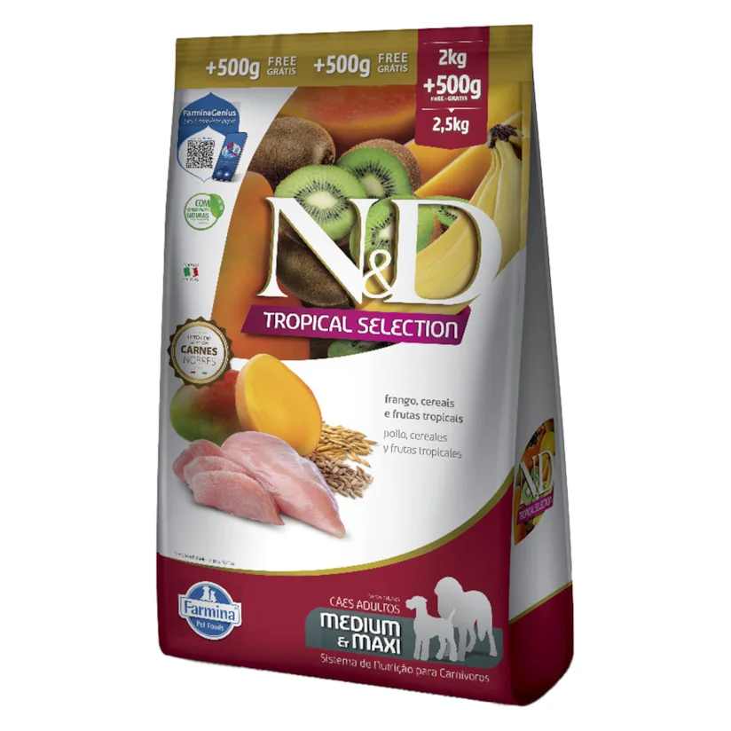 Ração ND Tropical Selection Para Cães Adultos Medium e Maxi Frango Leve 2,5kg e Pague 2kg