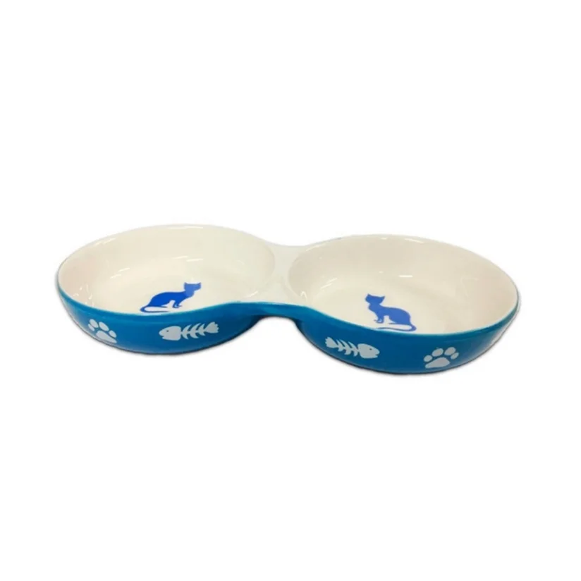 Comedouro Gatos The Pets Porcelana Duplo Azul 150ml/Cada