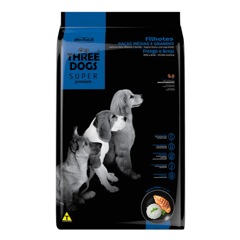 Ração Cães Three Dogs Super Fihotes Raças Médias e Grandes Frango Arroz 3kg