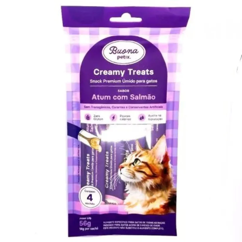 Snack Buona Petix Creamy Sabor Atum e Salmão para Gatos 56g