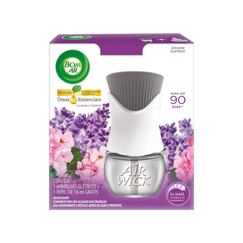 Aromatizador Bom Ar Eletrico Liquido Lavanda e Geranio Ap + Refil 1ml