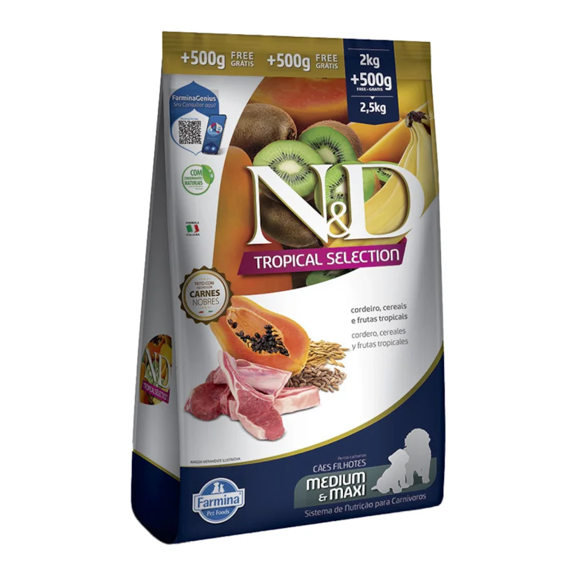 Ração ND Tropical Selection Para Cães Puppy Medium e Maxi Cordeiro Leve 2,5kg e Pague 2kg