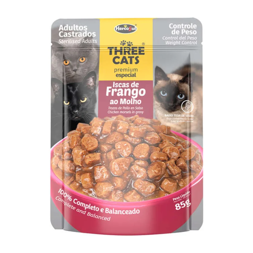 Ração Úmida Three Cats Original Castrados Frango Sachê 85g